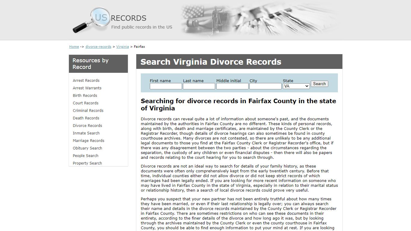 Search Divorce Records Fairfax Virginia | US Records